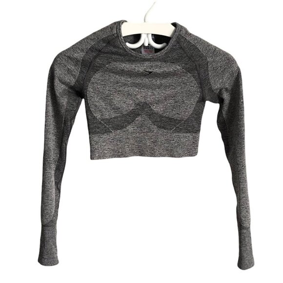 GYMSHARK Heathered Gray Cropped Compression Long Sleeve Top Cut Out Back Size S - Picture 1 of 14